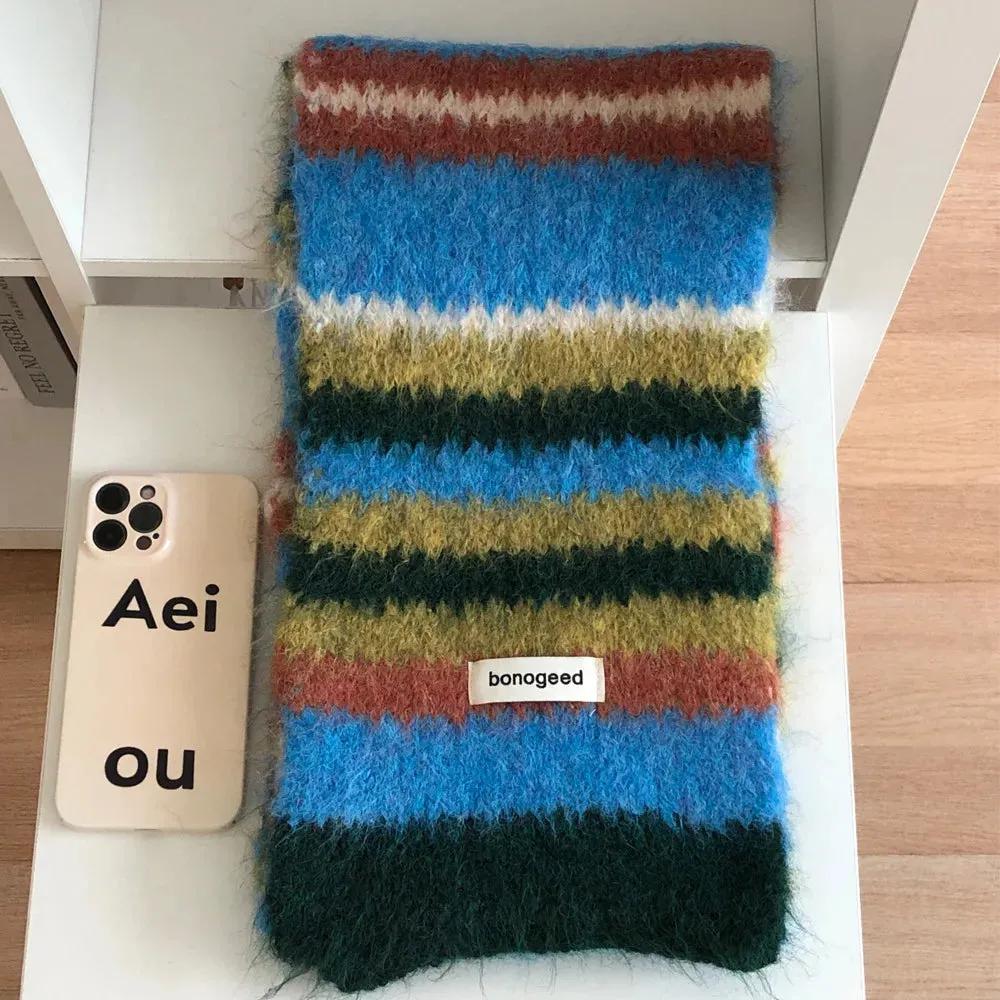 Sohiwoo Winter Striped Knitted Scarves For Women&Men Scarf Shawl Autumn Winter Warm Wraps Scarf Female Neck Scarf Shawls Unisex Scarves