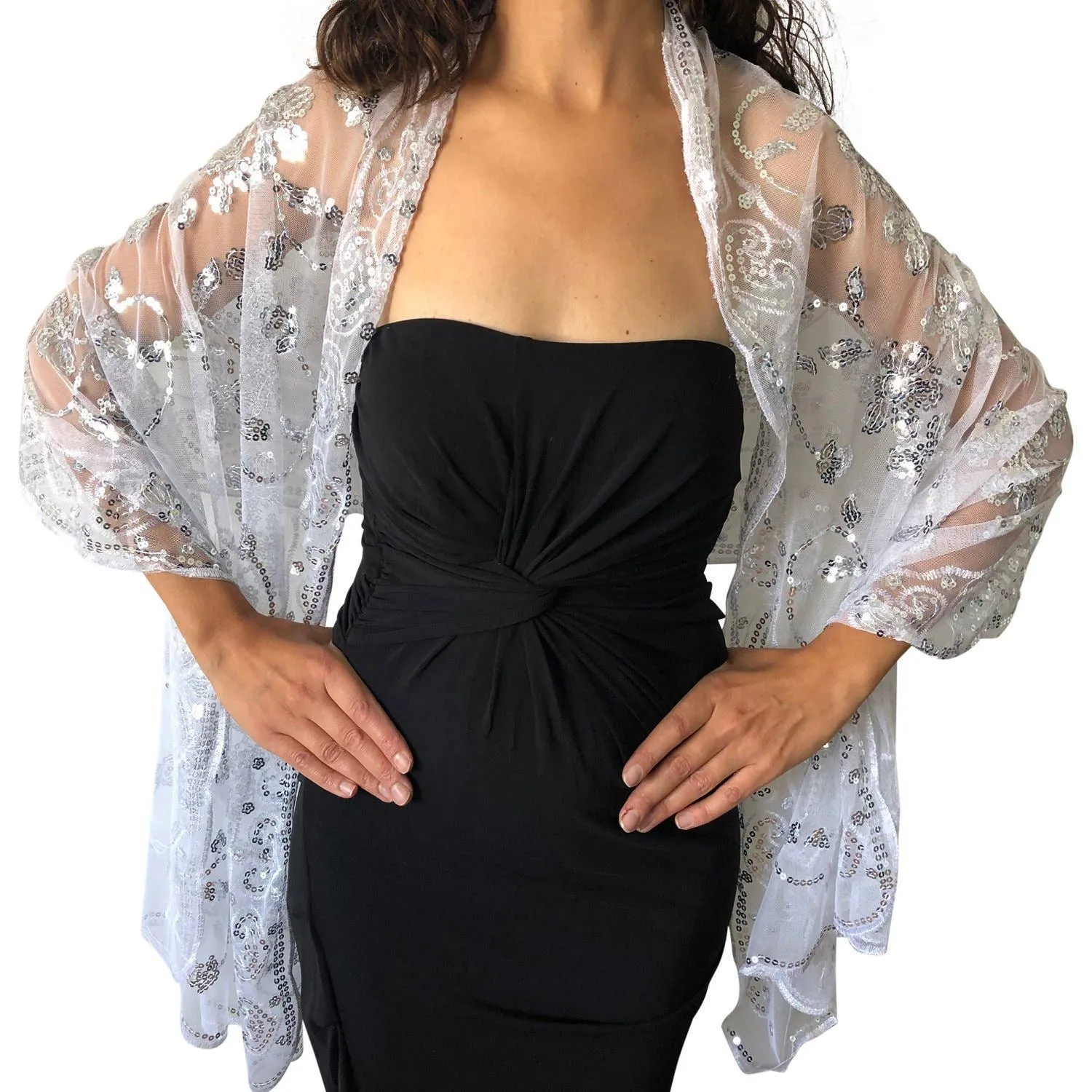 Sparkly Sequin Wedding Wraps, Evening Shawl- Silver/White