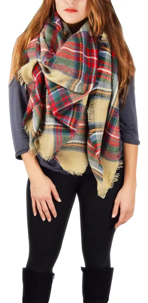 Tan Red Warm Tartan Plaid Woven Oversized Fringe Scarf Blanket Shawl Wrap