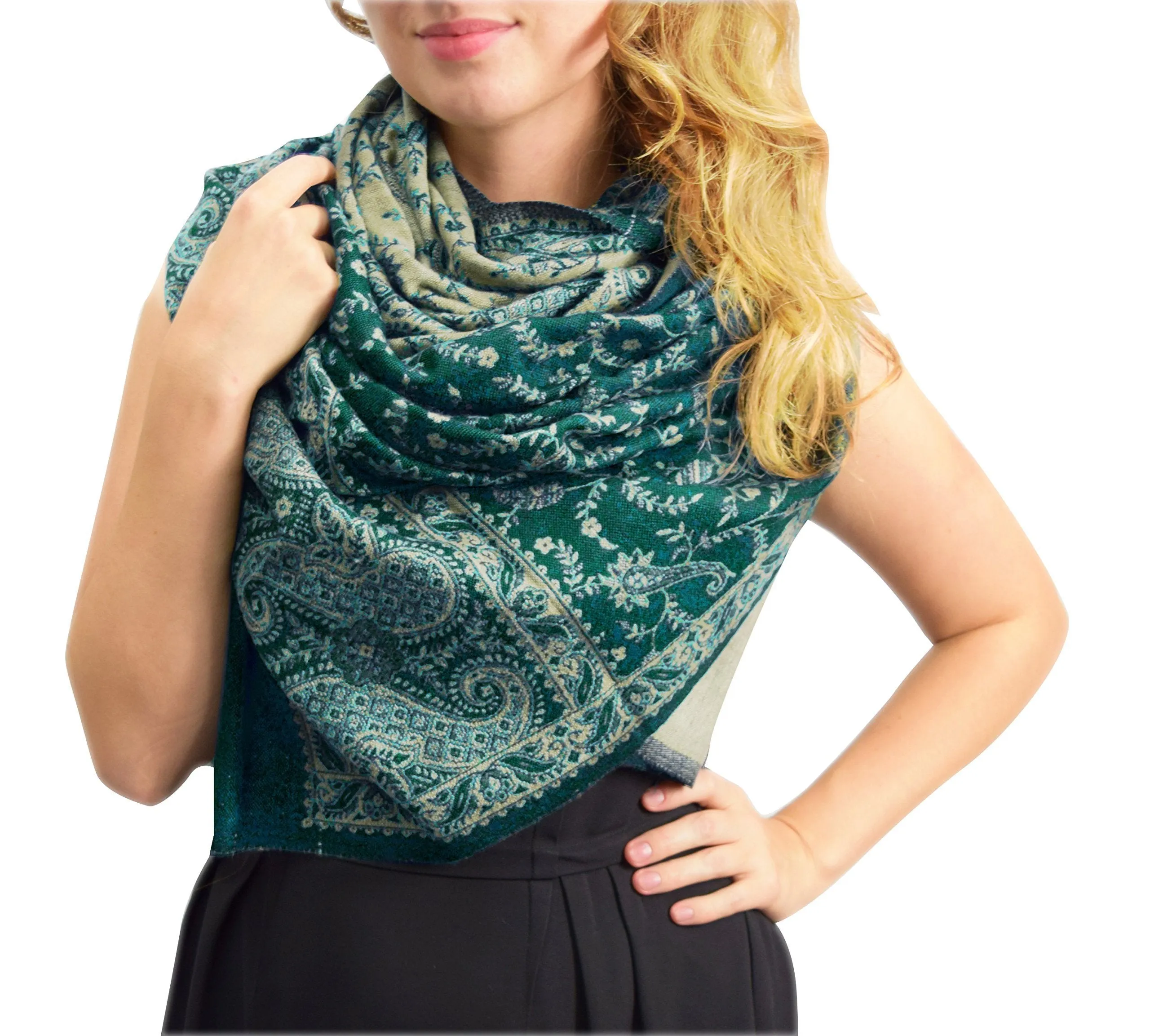 Thick 4 Ply Blanket Scarf Reversible Paisley Pashmina Thick Scarf Wrap Shawl Cream/Pink