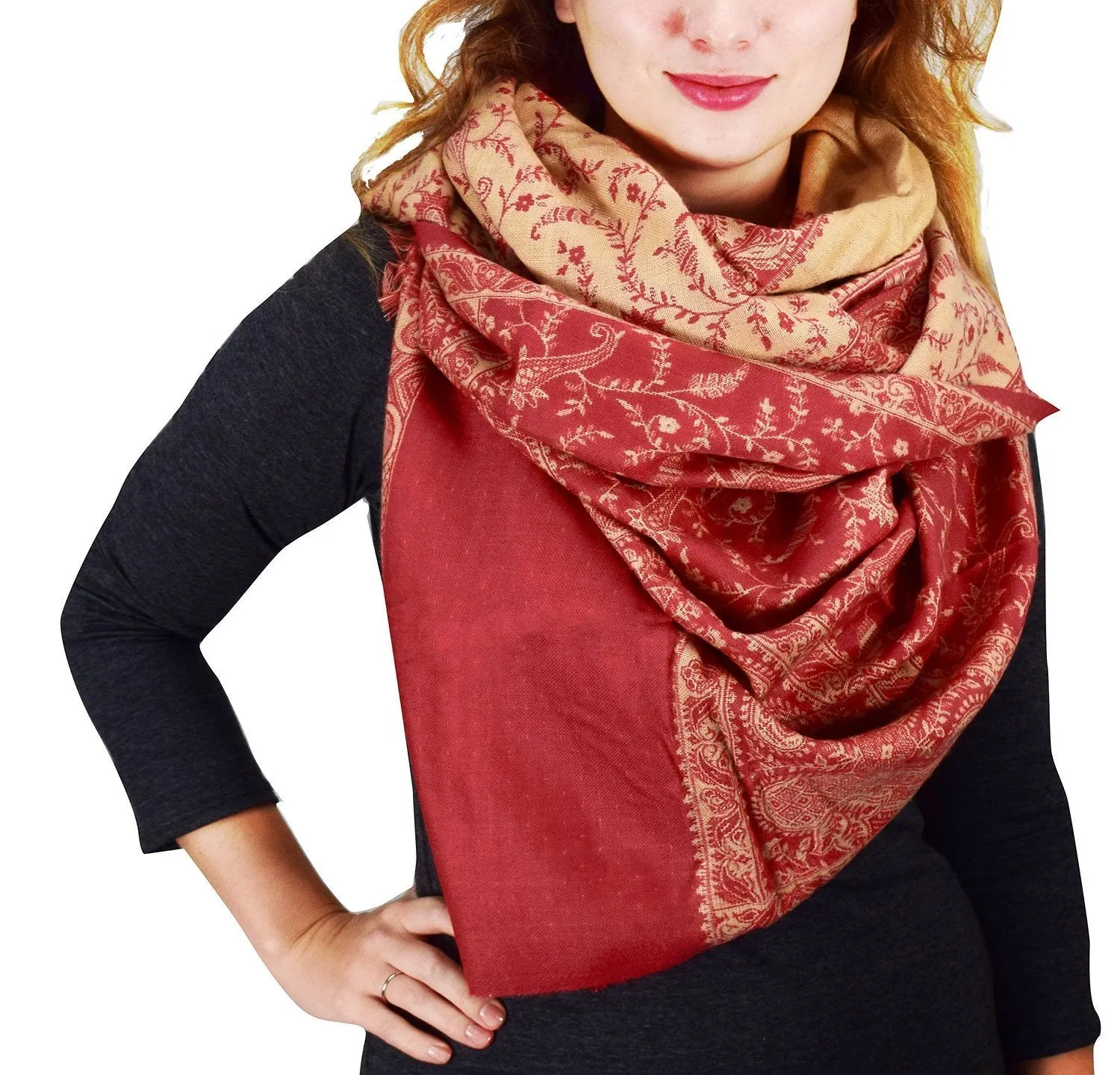 Thick 4 Ply Blanket Scarf Reversible Paisley Pashmina Thick Scarf Wrap Shawl Cream/Pink