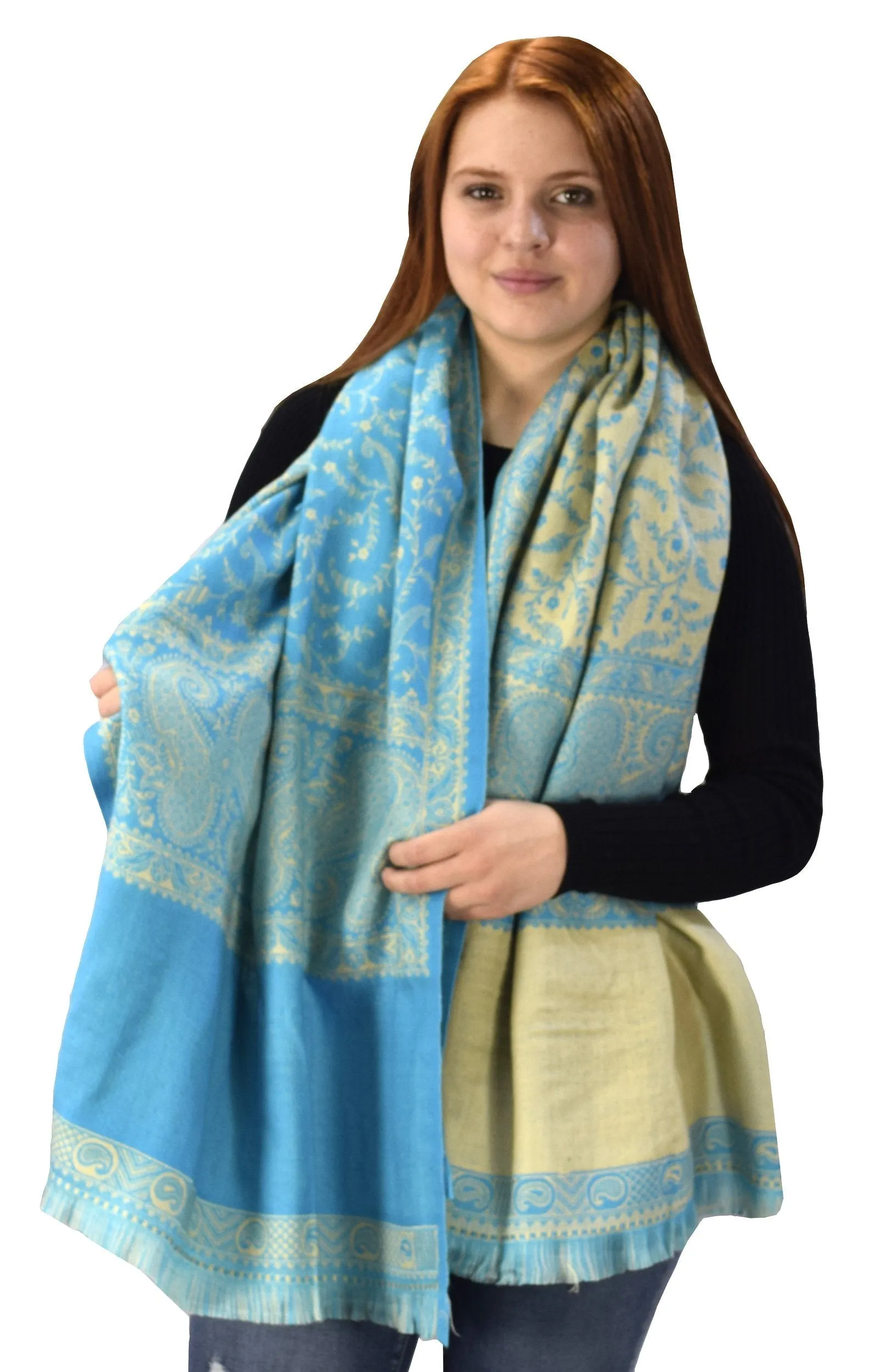 Thick 4 Ply Reversible Paisley Pashmina Blanket Scarf Black/Olive