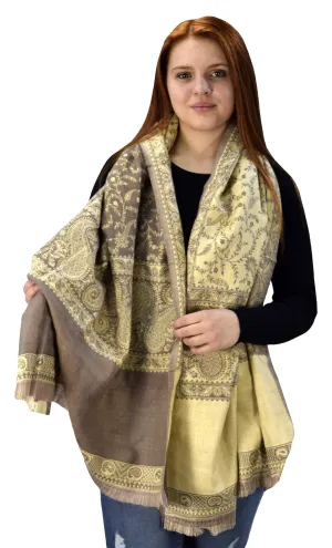 Thick 4 Ply Reversible Paisley Pashmina Blanket Scarf Dark Green/Tan