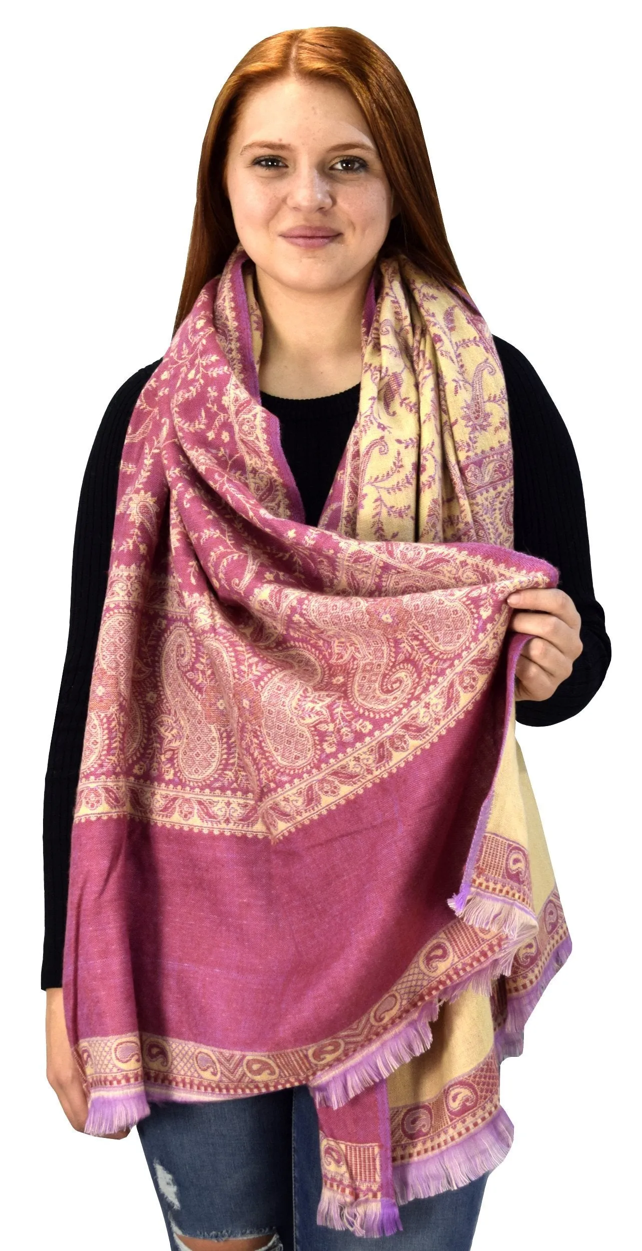Thick 4 Ply Reversible Paisley Pashmina Blanket Scarf Turquoise/Tan