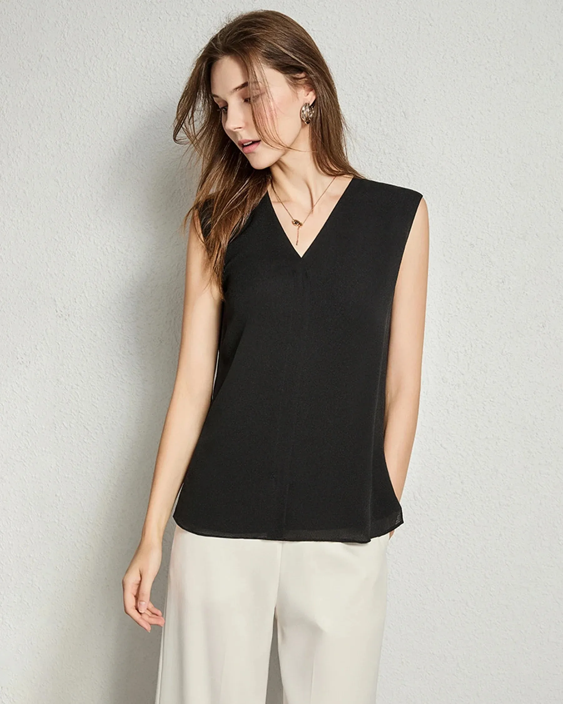V-neck Sleeveless Top Silk Shirt