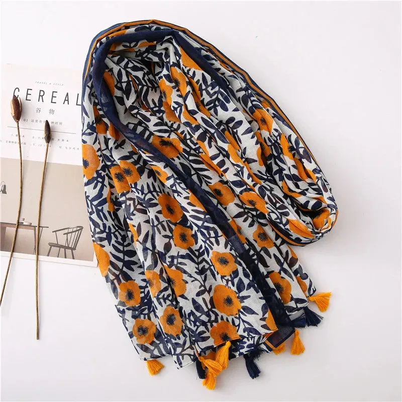 Women Flower Printed Tassels Muslim Head Wraps Scarves