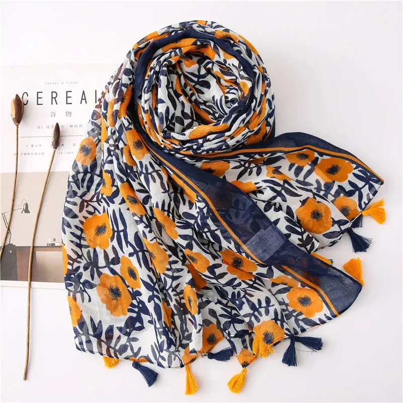 Women Flower Printed Tassels Muslim Head Wraps Scarves