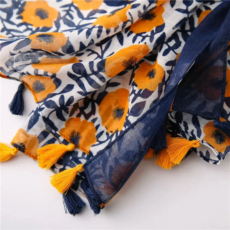 Women Flower Printed Tassels Muslim Head Wraps Scarves