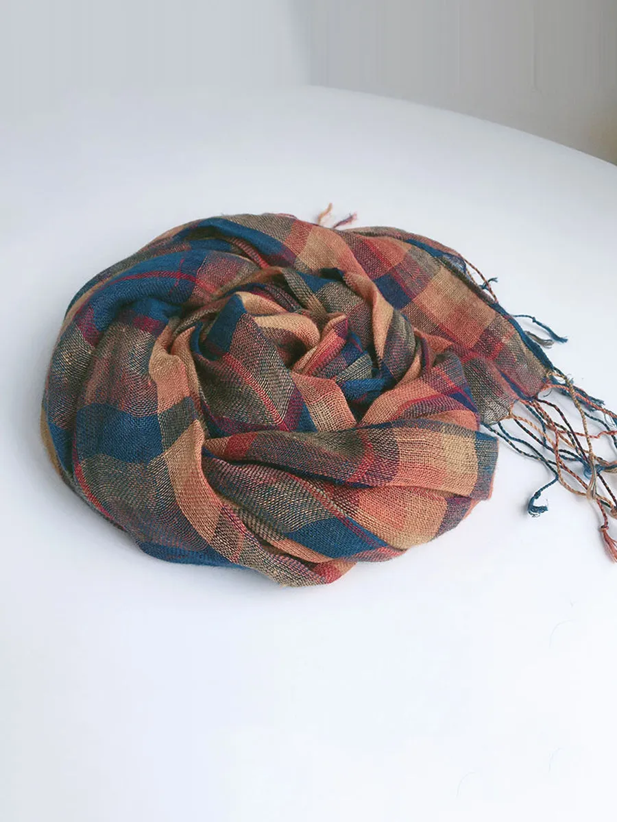 Women Summer Plaid Linen Tassel Shawl Scarf
