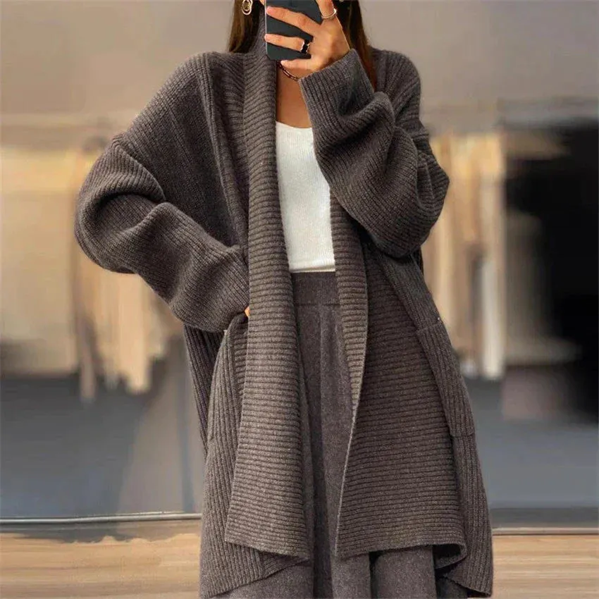 Women's Oversized Long Plain Cardigan with Ribbed Style | Ideal for Autumn/Winter