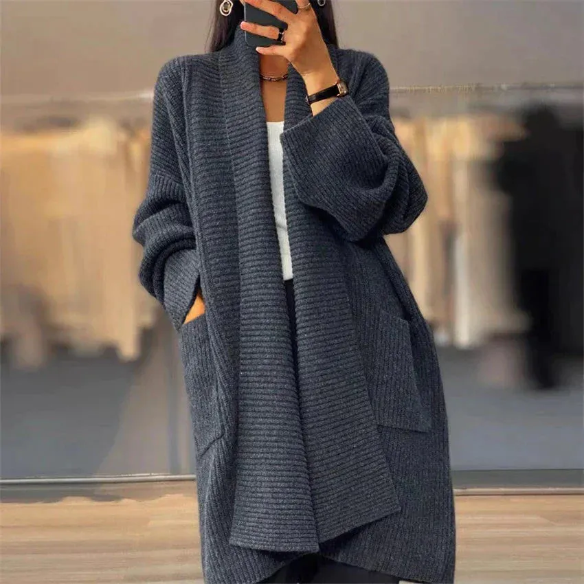 Women's Oversized Long Plain Cardigan with Ribbed Style | Ideal for Autumn/Winter