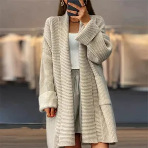 Women's Oversized Long Plain Cardigan with Ribbed Style | Ideal for Autumn/Winter