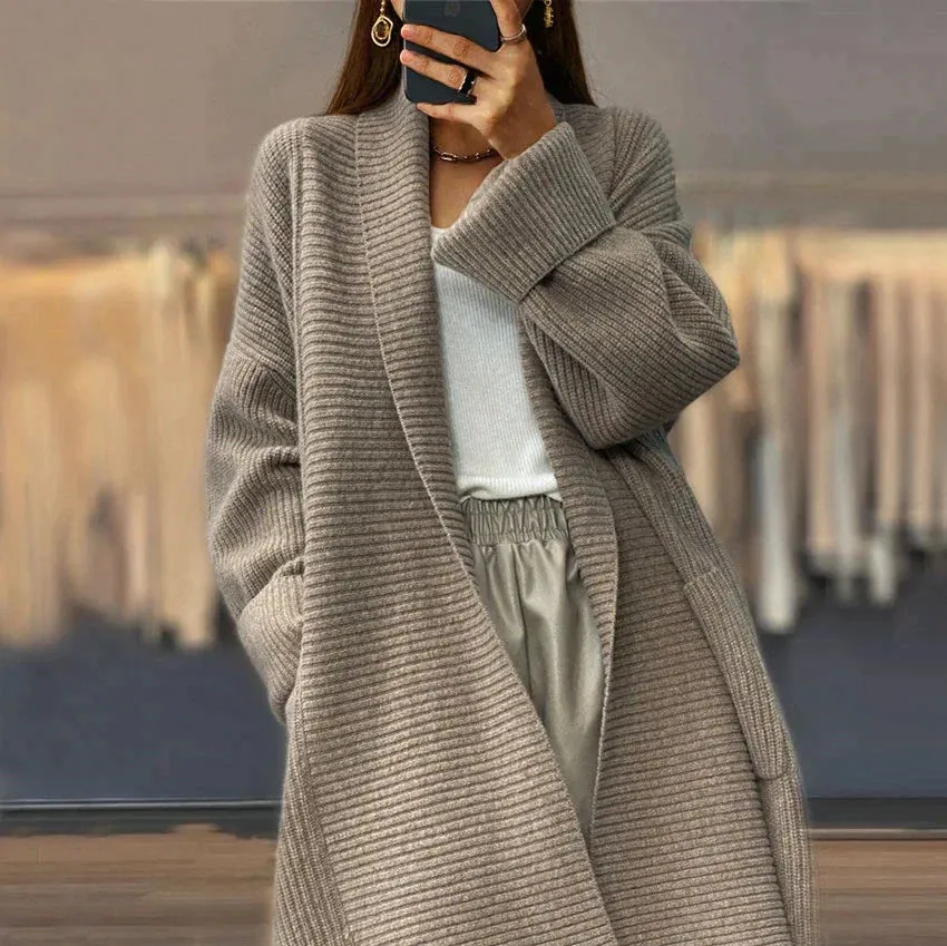 Women's Oversized Long Plain Cardigan with Ribbed Style | Ideal for Autumn/Winter