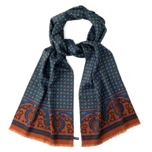 Wool & Silk Scarf in Green Classic Medallion